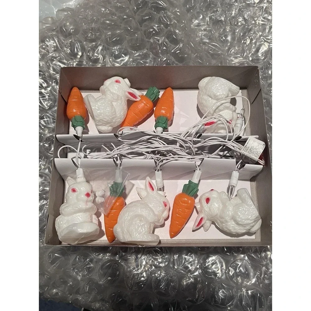 NEW Vintage Blow Mold Easter White Bunny & Carrot String Lights 10 set Box 1994